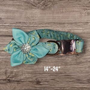 ¾" Teal Floral Adjustable Dog Collar With Rhinestone Detachable Flower Brand New